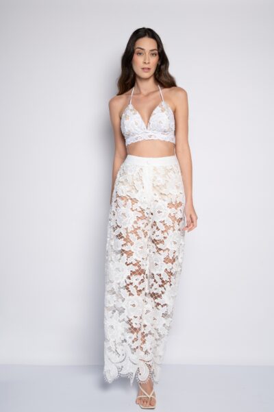 Calça Pantalona Bordada Em Richelieu Off white - Mikaela