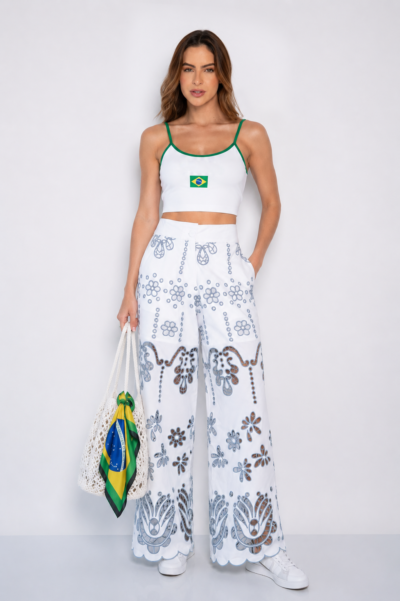 Calça Pantalona Bordada Branca/Azul - Lorena