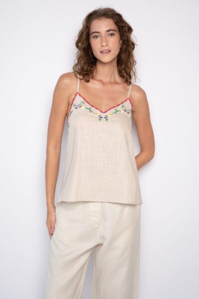 Blusa de alça com mini bordados florais bege - Nina