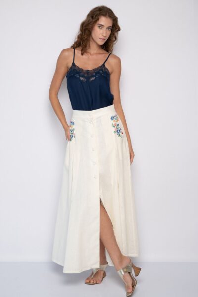 Saia longa bordada com mini florais laterais off white - Mirian