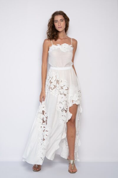 Saia Longa Bordada Com Fenda Off White - Marilia