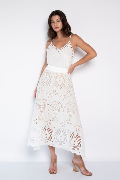 Saia Midi Bordada Off White - Célia