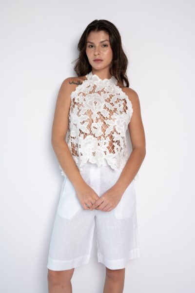 Blusa Cropped Bordado Vazado com Gola Alta Off White - Poliana