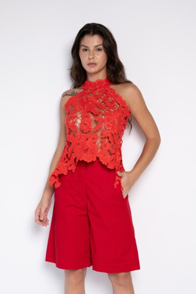 Blusa Cropped Bordado Vazado com Gola Alta Vermelha - Poliana