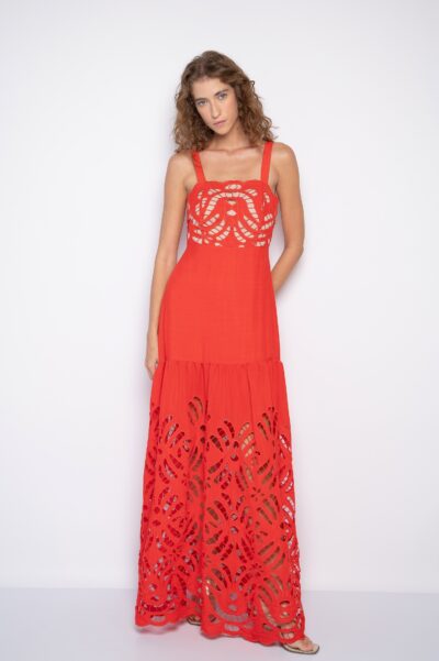 Vestido Longo Bordado Com Decote Quadrado Vermelho - Tereza