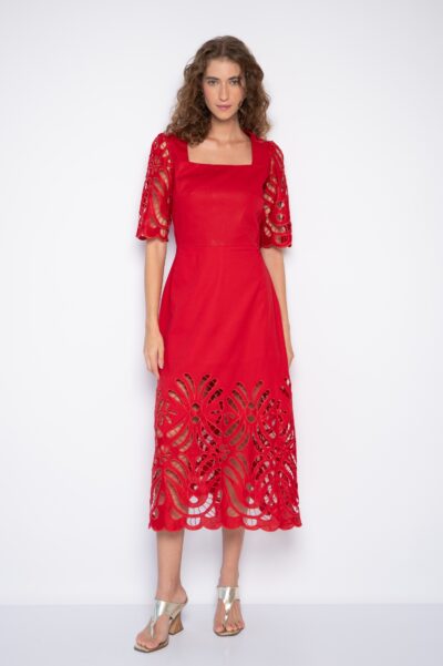 Vestido Bordado Midi Evasê Vermelho - Cristiane