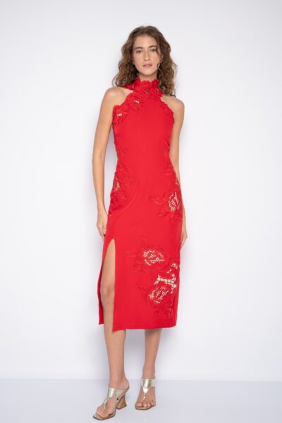 Vestido Midi Bordado com fenda e Gola Alta Vermelho - Beta