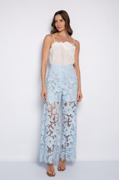 Calça Pantalona Bordada Em Richelieu Azul - Mikaela