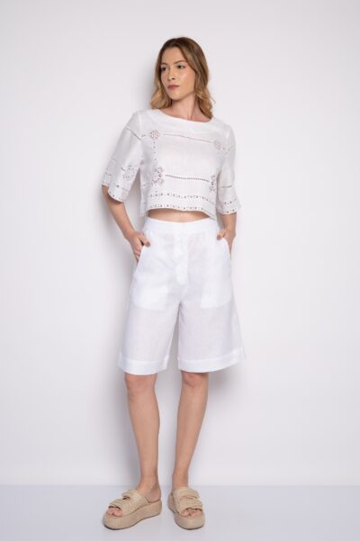 Bermuda 100% Linho com Bolsos Branca - Mirely