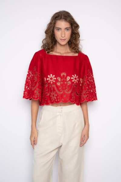 Blusa Cropped Bordada Vermelha - Alicia