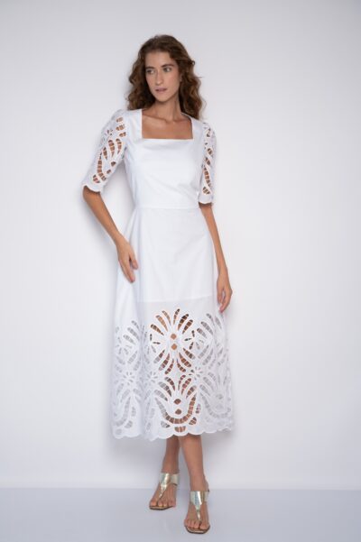 Vestido Bordado Midi Evasê Branco - Cristiane