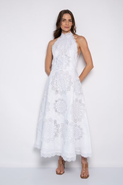 Vestido Longo Bordado com Gola Alta e Costas Nuas Branco - Alcione