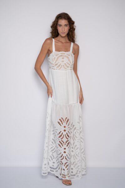 Vestido Longo Bordado Com Decote Quadrado Off White - Tereza