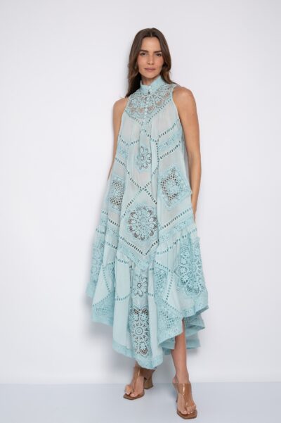 Vestido longo bordado em Richelieu Azul - Soraia