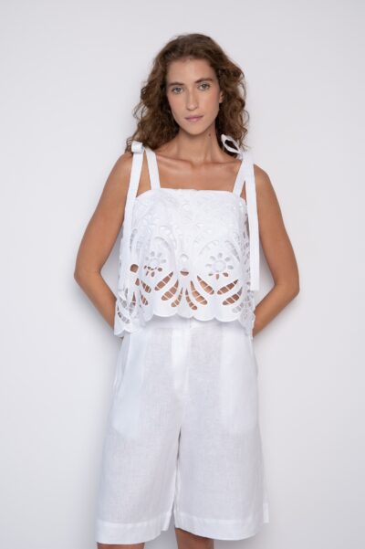 Blusa Cropped Bordada com Decote Quadrado Branca - Vivi