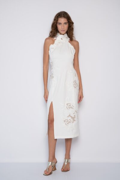Vestido Midi Bordado Com Fenda e Gola Alta Off White - Beta