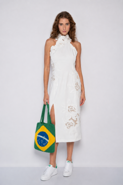 Vestido Midi Bordado Com Fenda e Gola Alta Off White - Beta