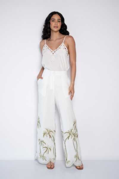 Calça Pantalona Com Barra Bordada Off White - Marlene