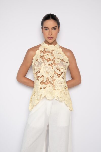 Blusa Cropped Bordado Vazado com Gola Alta Amarelo - Poliana