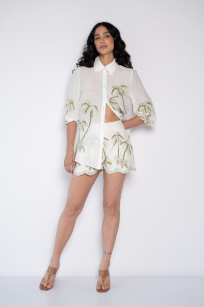 Camisa Bordada Com Mangas 7/8 Off White - Jéssica
