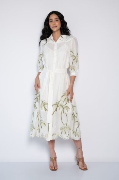 Vestido Midi Bordado Com Manga 3/4 Off White - Valentina