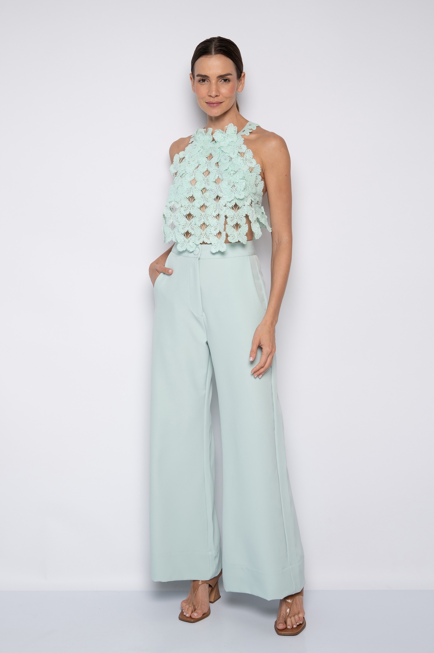 Calça Pantalona Com Bolsos Frontais Azul Maré - Mirtes - Imagem 2