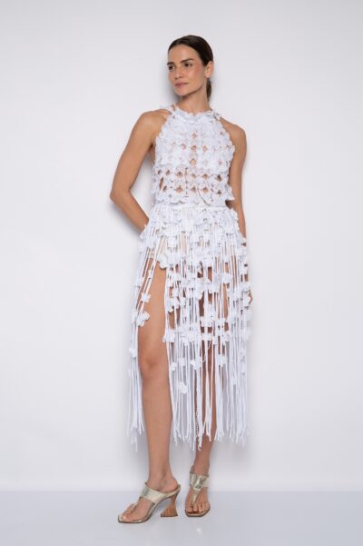 Saia Midi Bordada 100% Algodão Branco - Beatriz