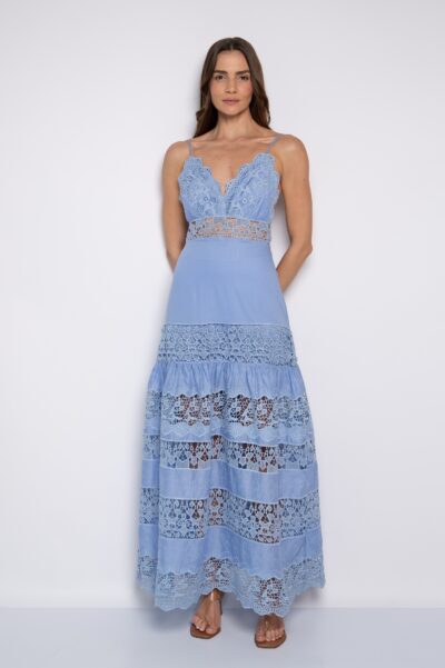 Vestido Longo 100% Algodão Bordado com Decote V Azul - Thiane