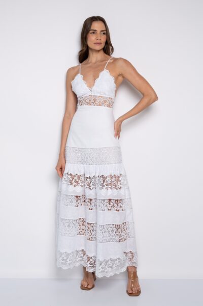 Vestido Longo 100% Algodão Bordado com Decote V Branco - Thiane