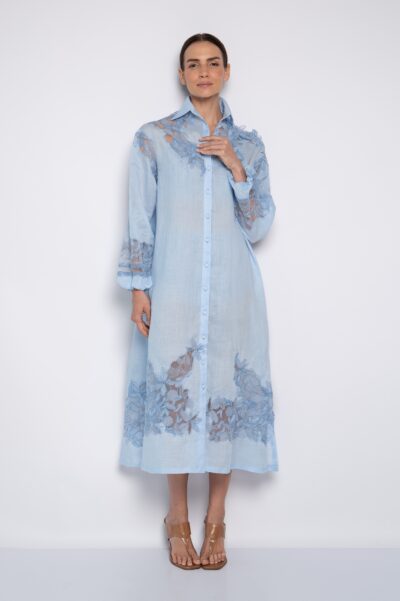 Vestido Chemise Bordado Com Manga 7/8 Azul - Adeline