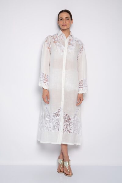 Vestido Chemise Bordado Com Manga 7/8 Off White - Adeline