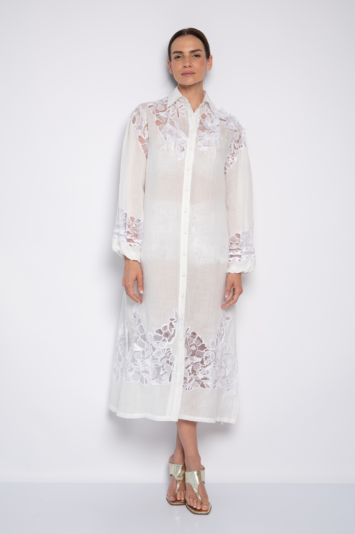 Vestido Chemise Bordado Com Manga 7/8 Off White - Adeline