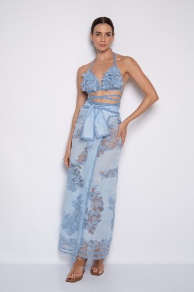 Saia Pareô Bordada Com Amarração Azul - Flávia