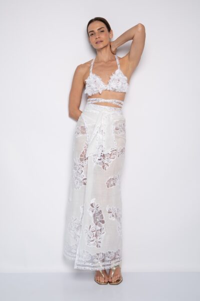 Saia Pareô Bordada Com Amarração Off White - Flávia