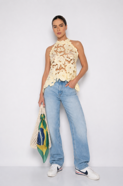 Blusa Cropped Bordado Vazado com Gola Alta Amarelo - Poliana