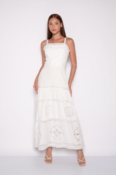 Vestido Longo Bordado com Alças e Nervuras Off White - Vilma
