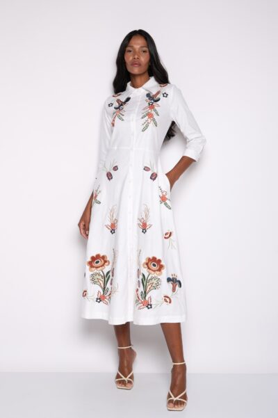 Vestido Chemise Bordado com Manga 3/4 Off White - Vânia