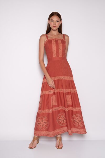 Vestido Longo Bordado com Alças e Nervuras Urucum - Vilma