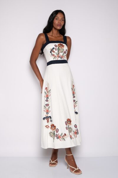 Vestido Midi Bordado com Decote Quadrado Off White - Vanessa