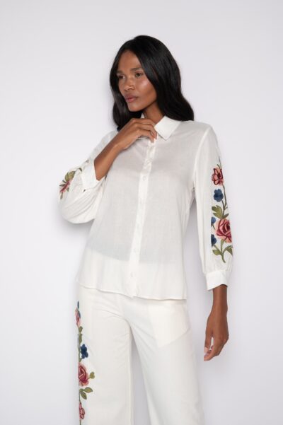 Camisa bordada manga 7/8 Off White - Celina