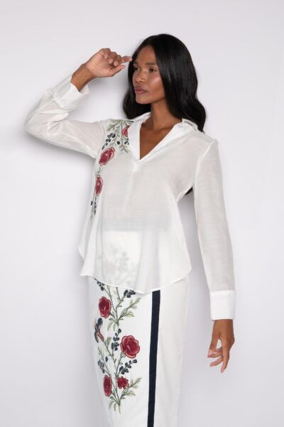 Bata bordada manga 7/8 Off White - Dulce