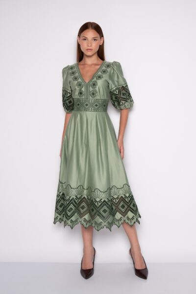 Vestido Midi Bordado Com Decote V e Mangas Bufantes Verde Claro - Gleice