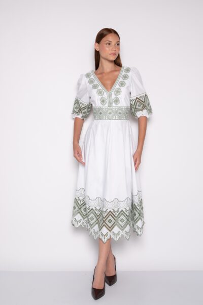 Vestido Midi Bordado Com Decote V e Mangas Bufantes Branco - Gleice