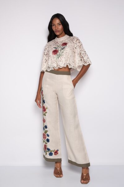 Calça pantalona bordada 100% Linho Bege - Analú