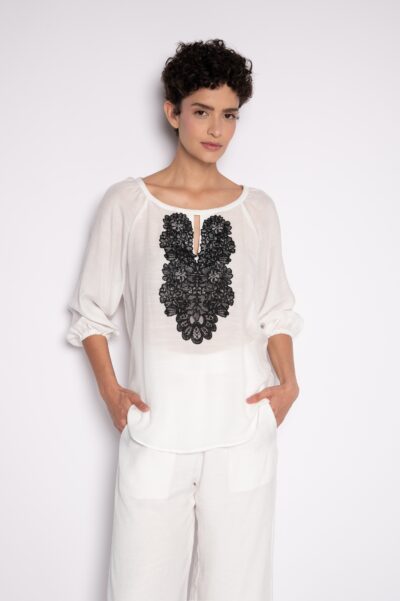 Bata Bordada Com Manga 3/4 Off White - Gorete