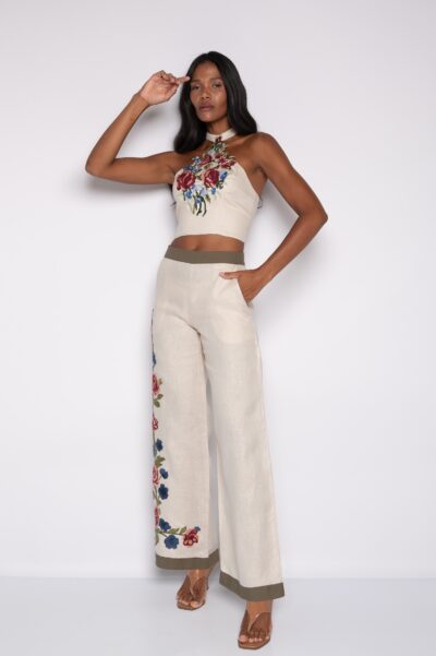 Top Bordado Cavado com Gola Alta 100% Linho Bege - Eliz