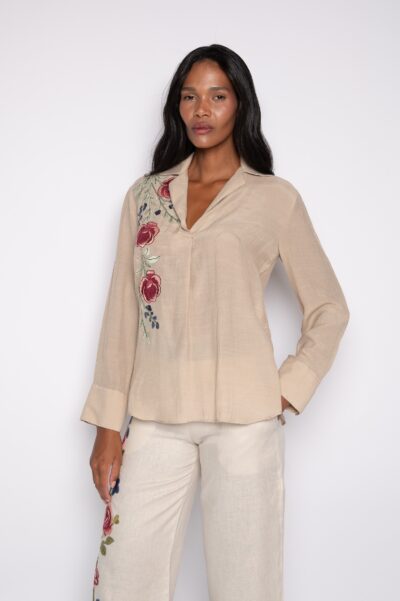 Bata bordada manga 7/8 Caqui - Dulce