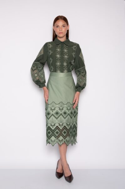 Saia Midi Bordada Verde Claro - Milena