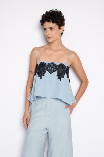Blusa Cropped Bordada Com Alças Azul Claro - Ana