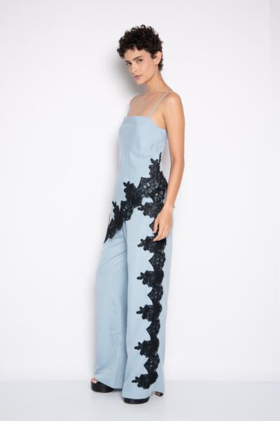 Calça Pantalona Com Bordado Lateral Azul Claro - Aninha